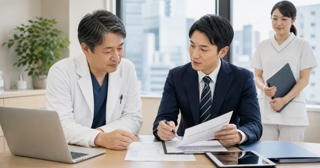 池袋のクリニックM&Aについて開設手続き資料を確認する院長とアドバイザー