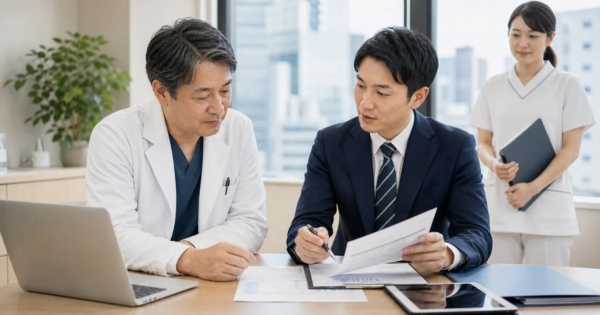池袋のクリニックM&Aについて開設手続き資料を確認する院長とアドバイザー
