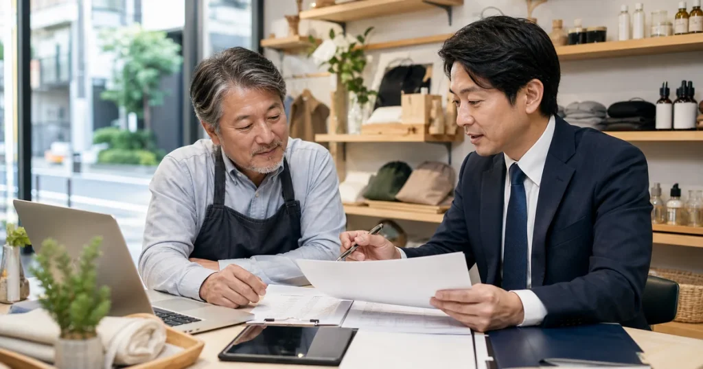 池袋の小売店M&Aについて在庫表と賃貸借資料を確認する店舗経営者とアドバイザー