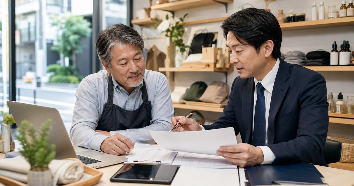 池袋の小売店M&Aについて在庫表と賃貸借資料を確認する店舗経営者とアドバイザー