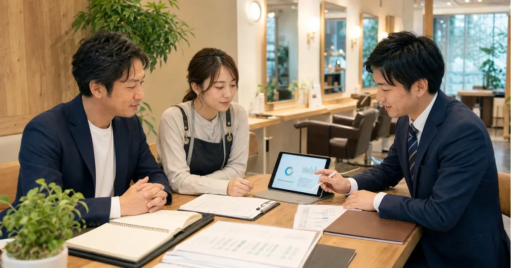 池袋の美容サロンM&Aで予約データとスタッフ承継を確認する相談風景