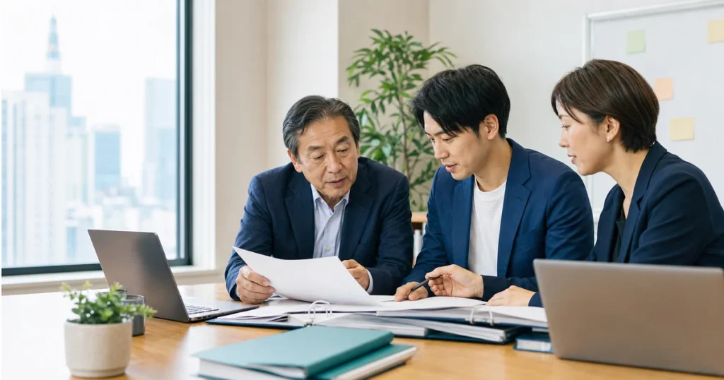 池袋のBtoBサービスM&Aで契約資料と顧客基盤を確認する相談風景