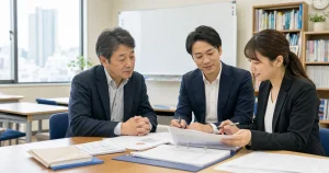 池袋の学習塾M&Aで生徒台帳と月謝資料を確認する相談風景