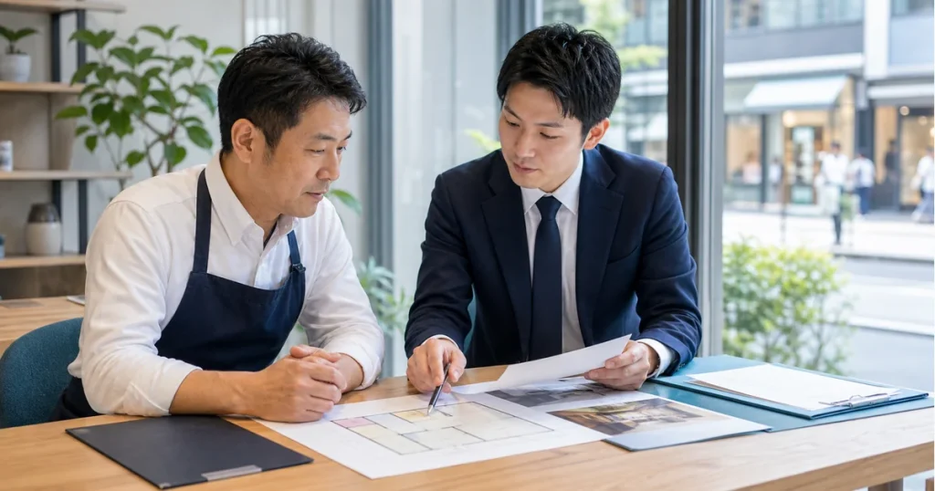池袋の不動産賃貸借M&Aで賃貸借契約と店舗図面を確認する経営者とアドバイザー