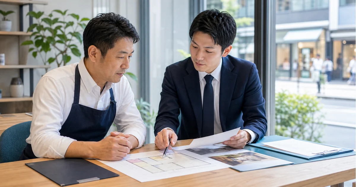 池袋の不動産賃貸借M&Aで賃貸借契約と店舗図面を確認する経営者とアドバイザー