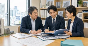 池袋の不動産管理会社M&Aで管理委託契約と修繕資料を確認する相談風景
