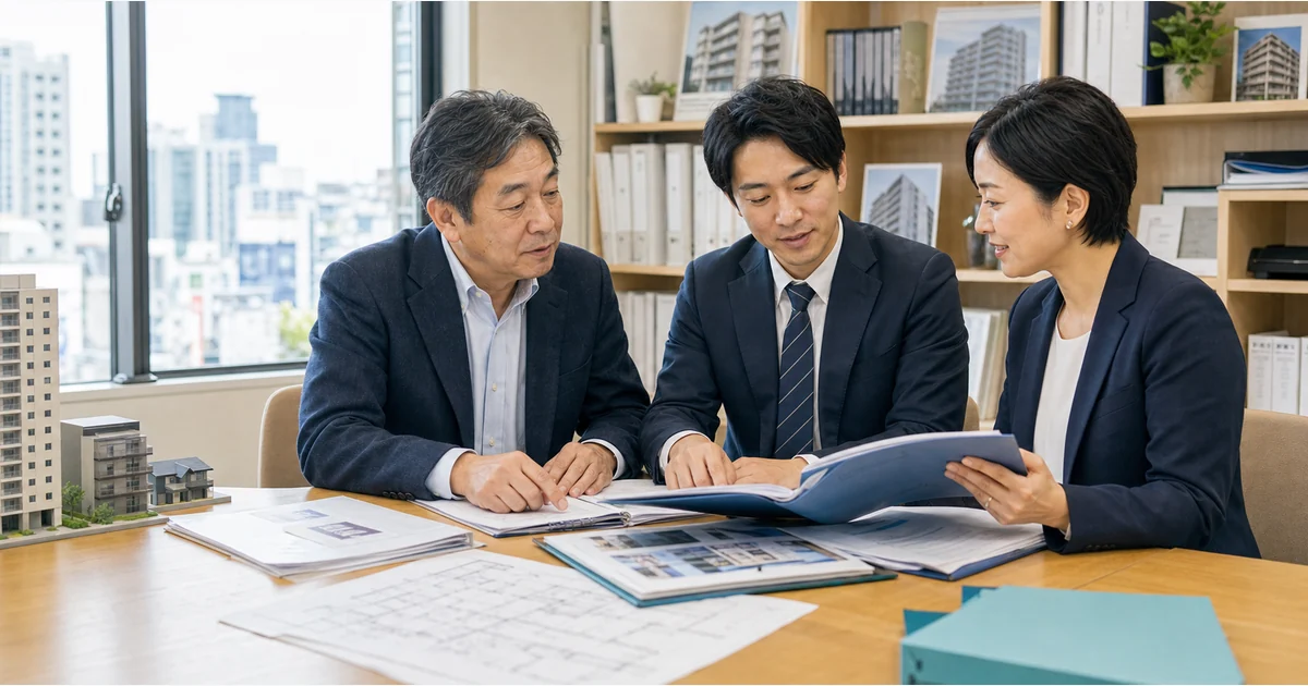 池袋の不動産管理会社M&Aで管理委託契約と修繕資料を確認する相談風景