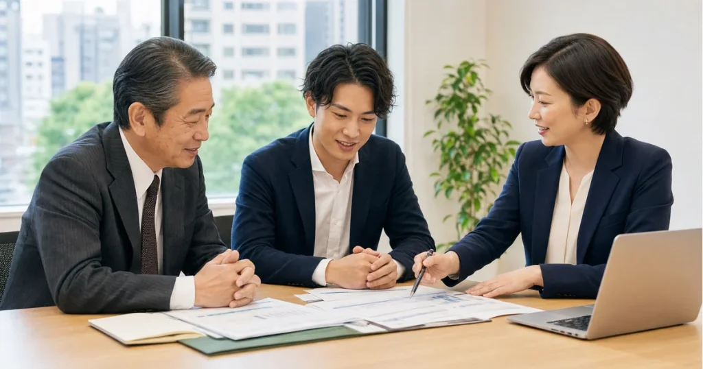 豊島区の事業承継M&Aで現経営者と承継候補が資料を確認する相談風景