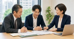 豊島区の事業承継M&Aで現経営者と承継候補が資料を確認する相談風景
