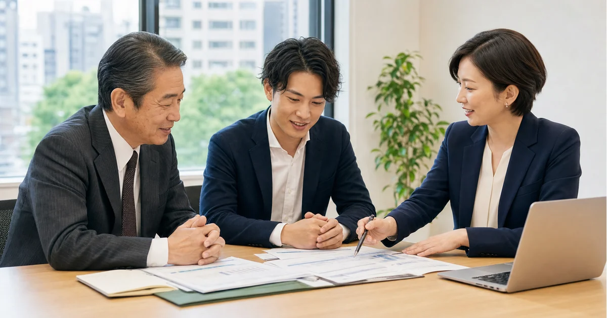 豊島区の事業承継M&Aで現経営者と承継候補が資料を確認する相談風景